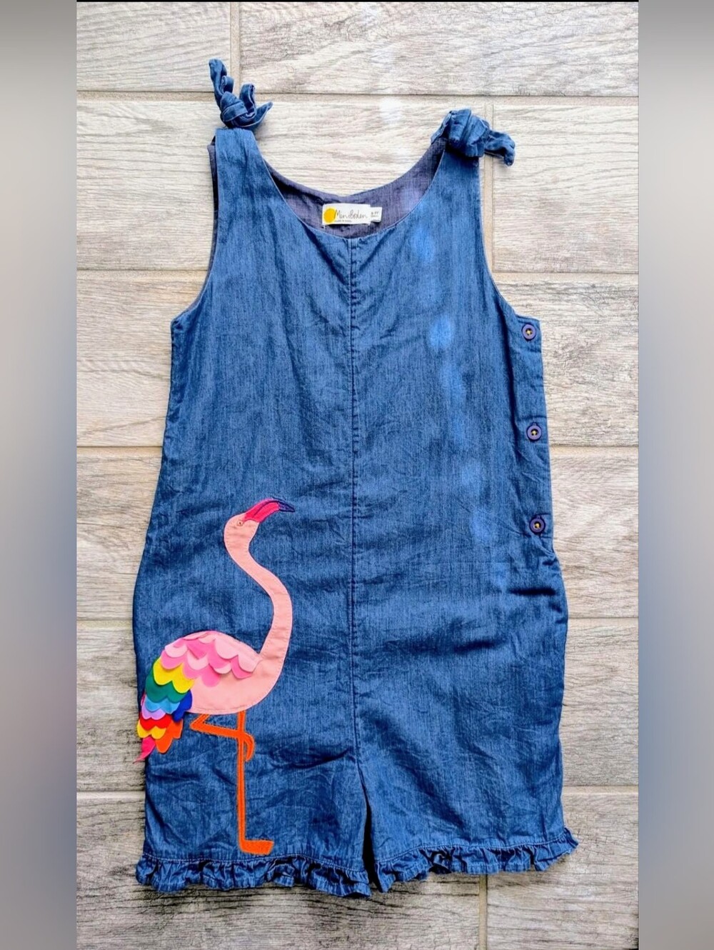 Mini Boden 8-9 EUC Denim Romper with Pink Flamingo Appliqué